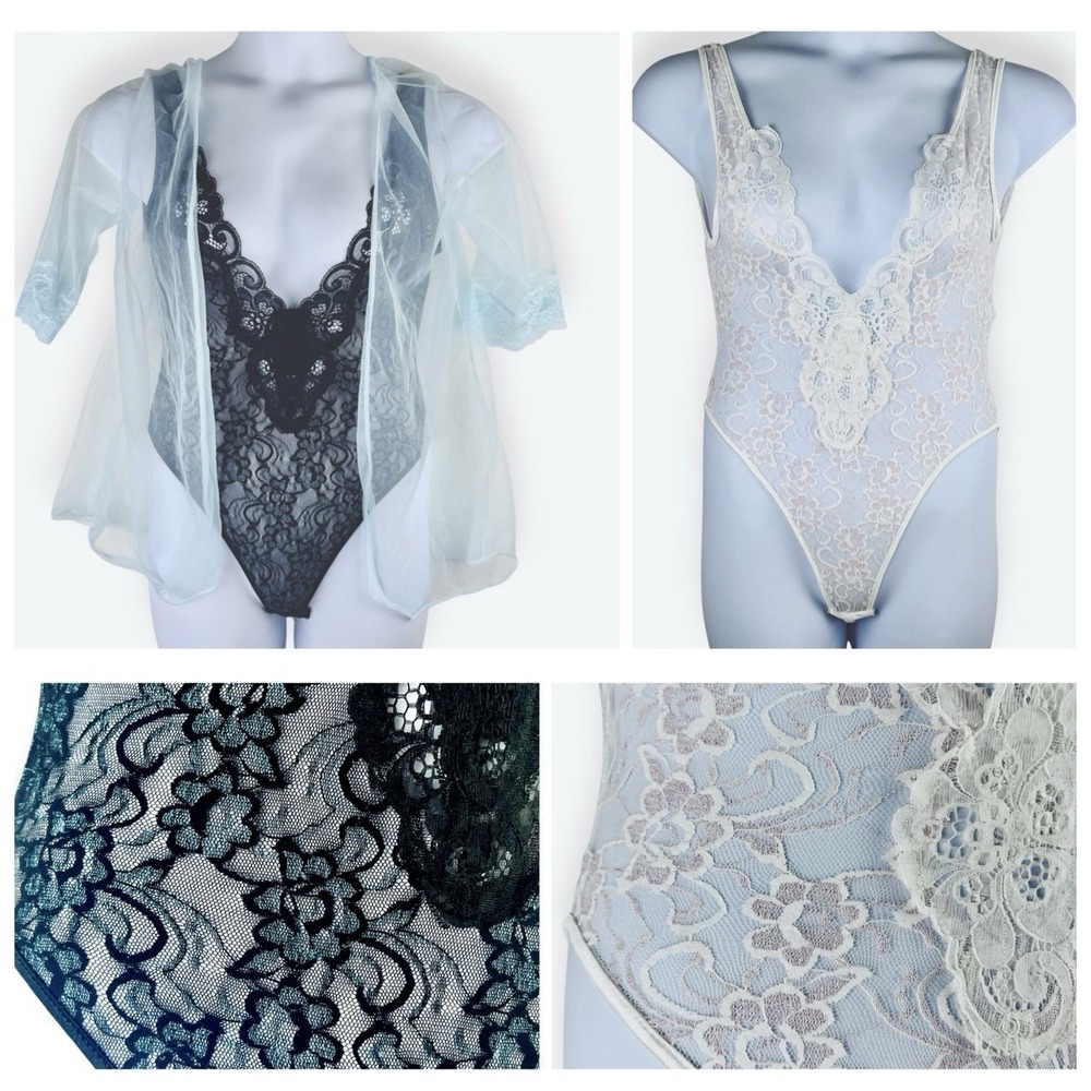 Vintage 90s Lace Lingerie‎ Bodysuit Teddy x2 Sheer Top Black White Nylon Large